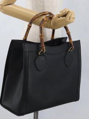 GUCCI Bamboo Hand Bag Leather Black Gold 002 1186 0260 Auth ep13570